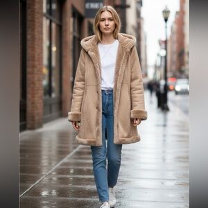 Vtg Marvin Richards Suede Leather Penny Lane Coat Faux Fur Trim Hood Tan Size XL